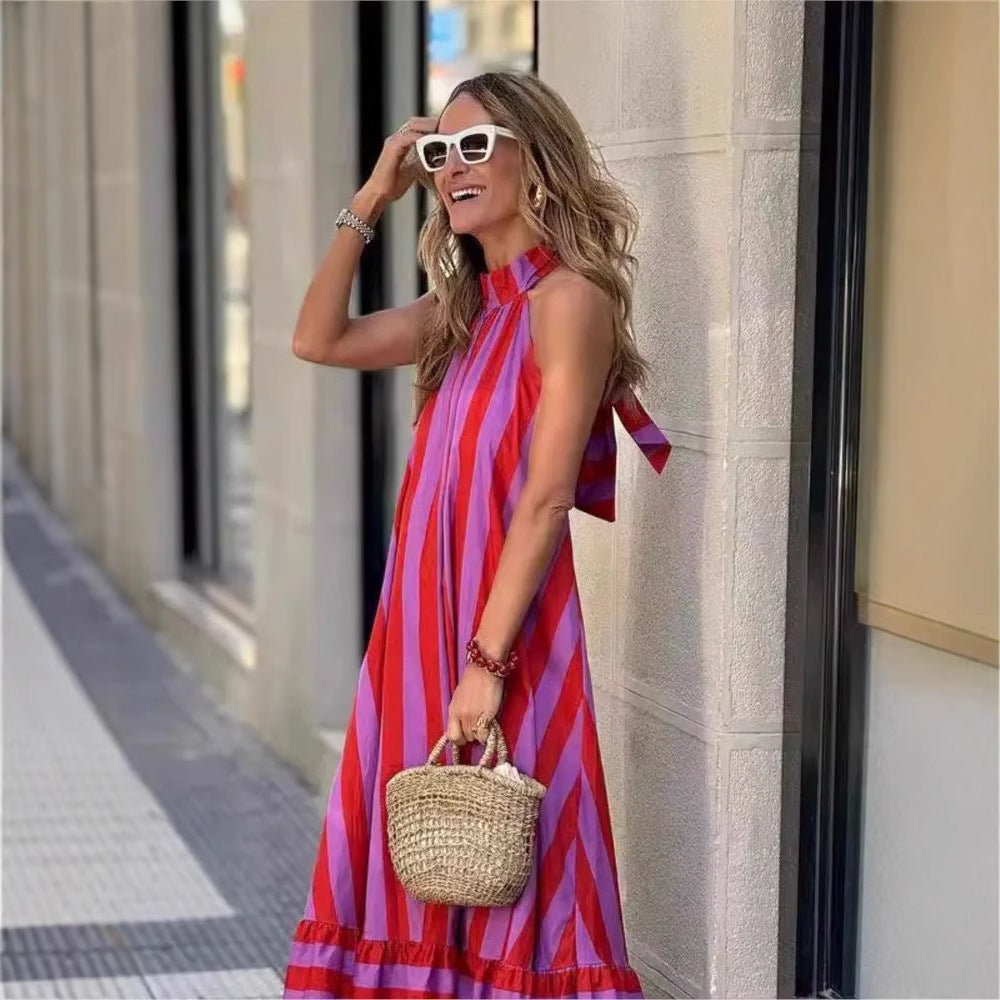 Striped Halter Neck Backless Dress Striped Halter Neck Backless Loose Dress For Women