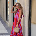 Striped Halter Neck Backless Dress Striped Halter Neck Backless Loose Dress For Women