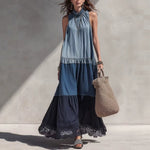Color Block Tiered Chambray Lace Hem Maxi Dress