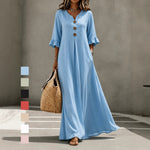 V-Neck Ruffle Sleeve Linen Maxi Dress
