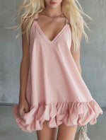 Elegant And Casual Solid Color V-Neck Ruffled Mini Skirt