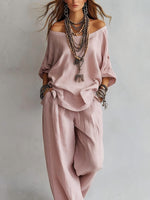 Women'S One-Shoulder Loose Top Wide-Leg Pants Cross-Border Two-Piece Set