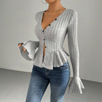 Cross-Border Women'S European And American Elegant Style T-Shirt 2026 Spring And Summer New V-Neck Ruffled Slim Temperament Fleece Top