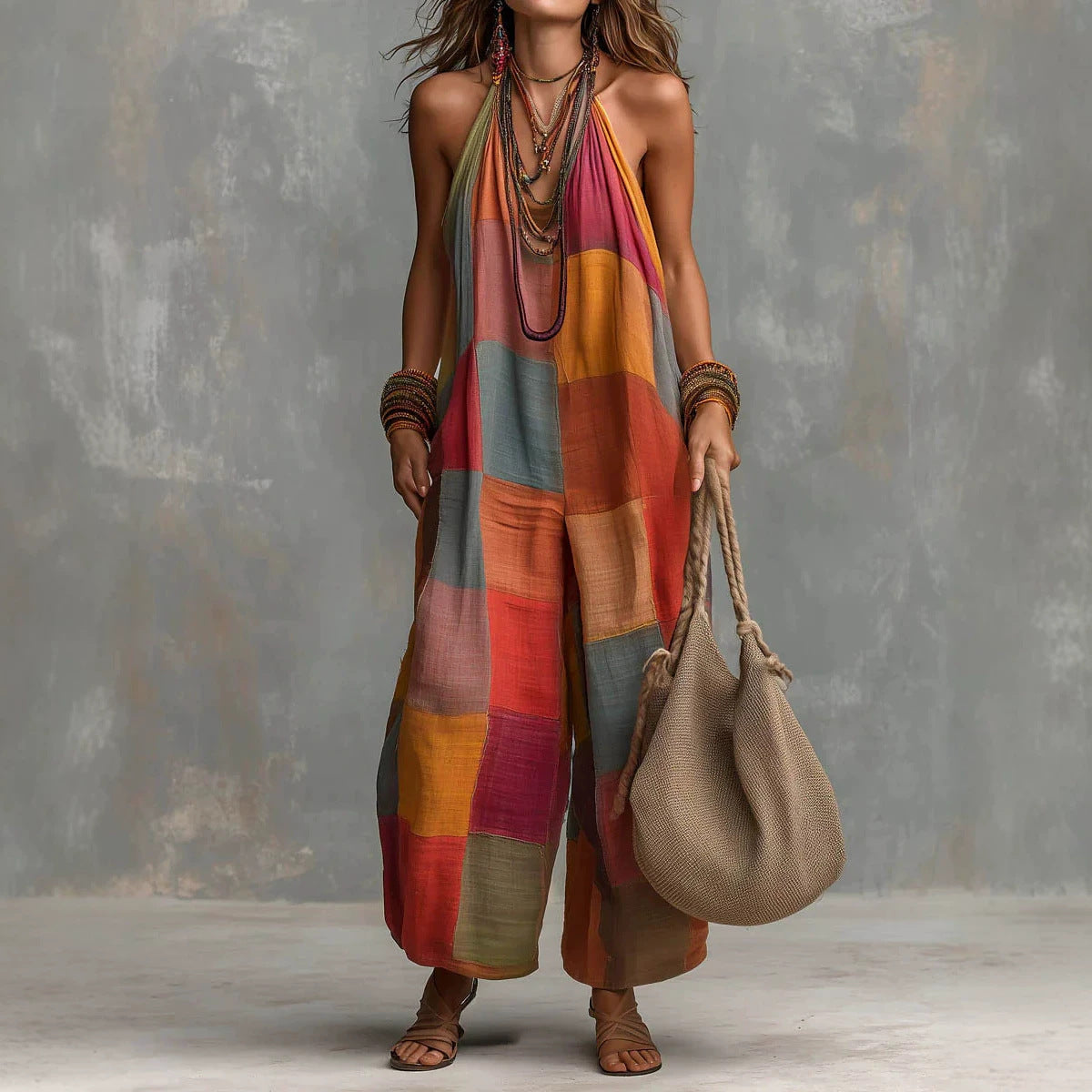 Boho Patchwork Halter Wide-Leg Jumpsuit