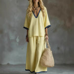Effortless V-Neck Top & Wide-Leg Pants Two-Piece Set