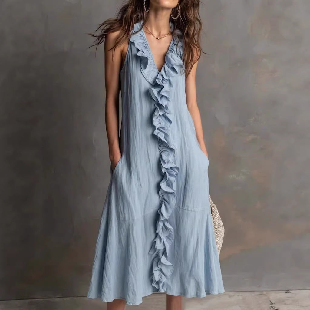 ?? Ruffle V-Neck Sleeveless Midi Dress