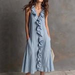 ?? Ruffle V-Neck Sleeveless Midi Dress