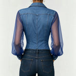 Sheer Mesh Sleeve Denim Blouse