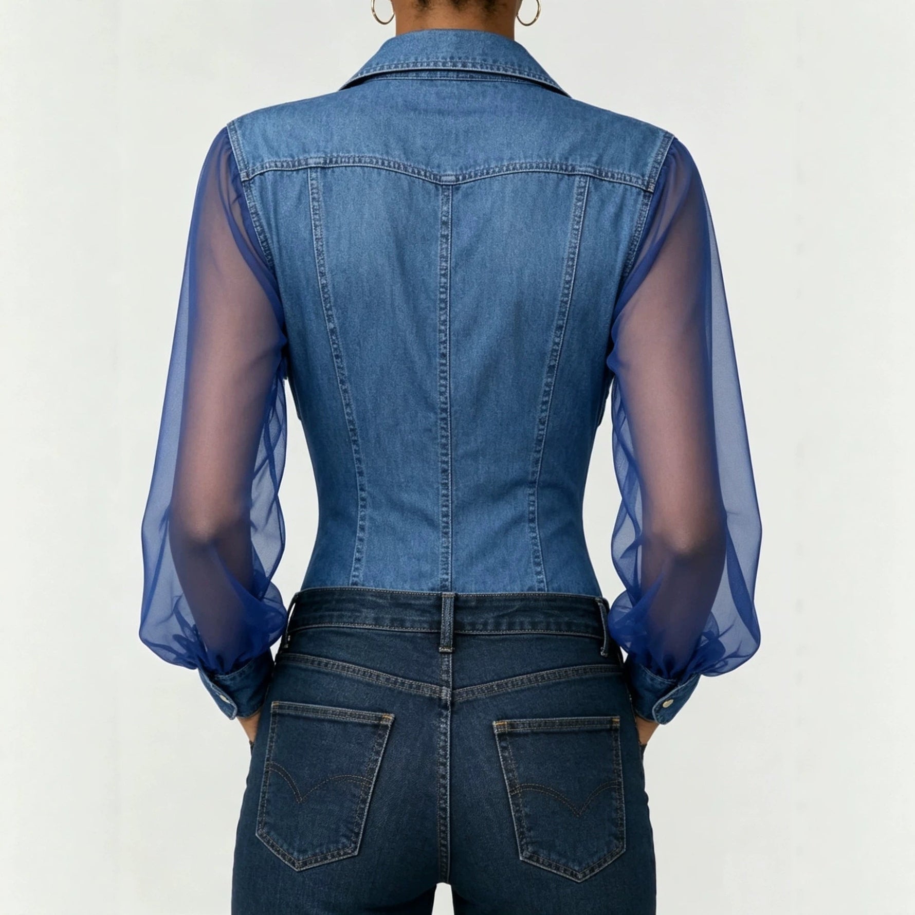 Sheer Mesh Sleeve Denim Blouse