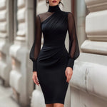 Elegant High-End Satin Mesh Splicing High-Neck Waist-Hugging Evening Dress
