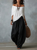 Summer New Women'S High-End Casual Wide-Leg Pants Paired With Exquisite One-Line Collar Off-Shoulder Tops
