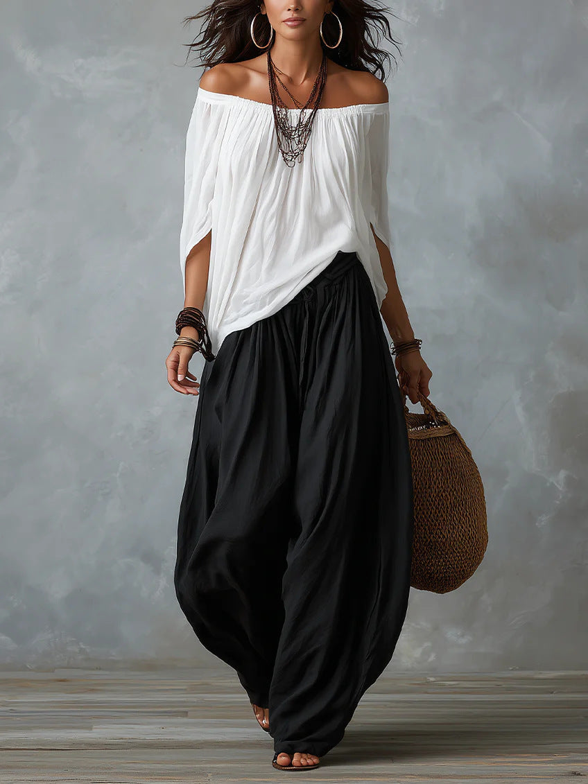 Summer New Women'S High-End Casual Wide-Leg Pants Paired With Exquisite One-Line Collar Off-Shoulder Tops