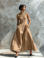 Contrast Stitching Sleeveless Linen Maxi Dress
