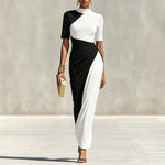 Asymmetrical Color Block Ruched High Neck Midi Bodycon Dress