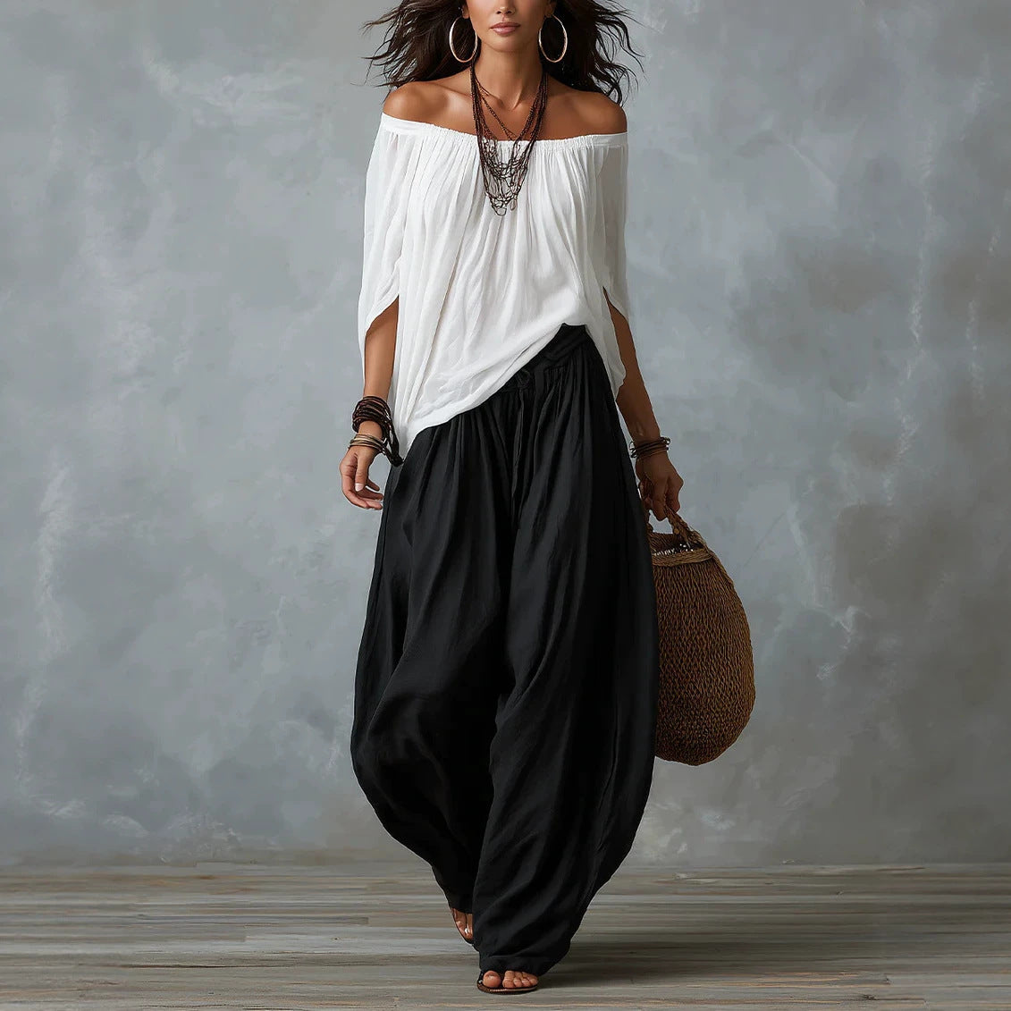 Summer New Women'S High-End Casual Wide-Leg Pants Paired With Exquisite One-Line Collar Off-Shoulder Tops