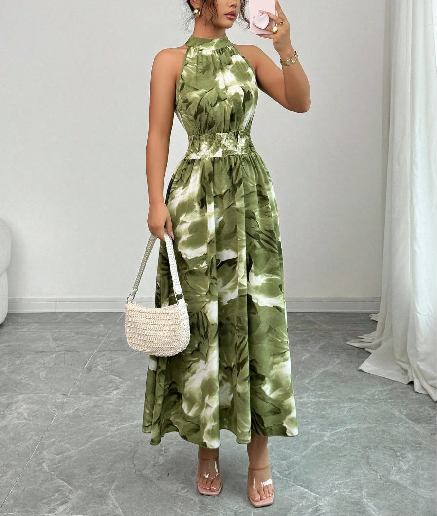 Summer Halter-Neck Waist-Cinching Sleeveless Ruffle Dress