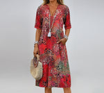 Fashion New Summer Skirt Casual Temperament Printed Short-Sleeved V-Neck Dress