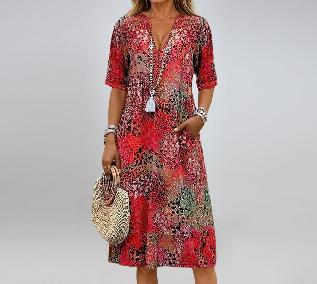 Fashion New Summer Skirt Casual Temperament Printed Short-Sleeved V-Neck Dress