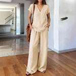 Linen V Neck Cap Sleeve Top & Elastic Waist Wide Leg Pants 2 Piece Co-Ord Set