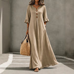 V-Neck Ruffle Sleeve Linen Maxi Dress