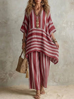 V-Neck Loose Striped Casual Two-Piece Suit