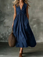 Cross-Border Elegant Casual Style Pocket V-Neck Pleated Sleeveless Vest Dress