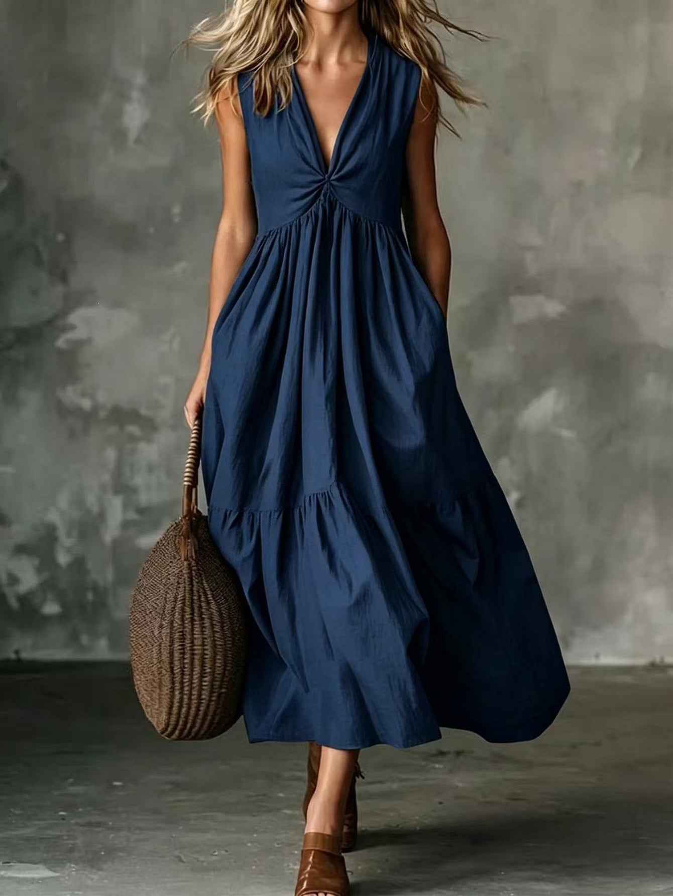Cross-Border Elegant Casual Style Pocket V-Neck Pleated Sleeveless Vest Dress