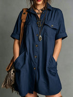 Oversized Short Sleeve Button Down Shirt Mini Dress with Pockets