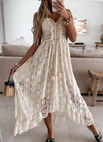 Scalloped Lace Spaghetti Strap High Low Flowy Maxi Dress