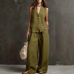 Linen Blend Sleeveless Vest & Wide-Leg Pants Set