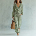 Ruffle V-Neck Long Sleeve Top & Tie Waist Wide Leg Pants Two Piece Set