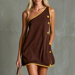 Brown Yellow Piping One Shoulder Button Side Loose Mini Dress