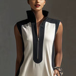 Women's Black & White Color-Block Mini Dress With Stand Collar