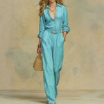 Classic Collared Belted Linen Blend Wide Leg Jumpsuit