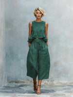 Linen Ruffle Crop Top Tie Waist Culotte Two Piece Set
