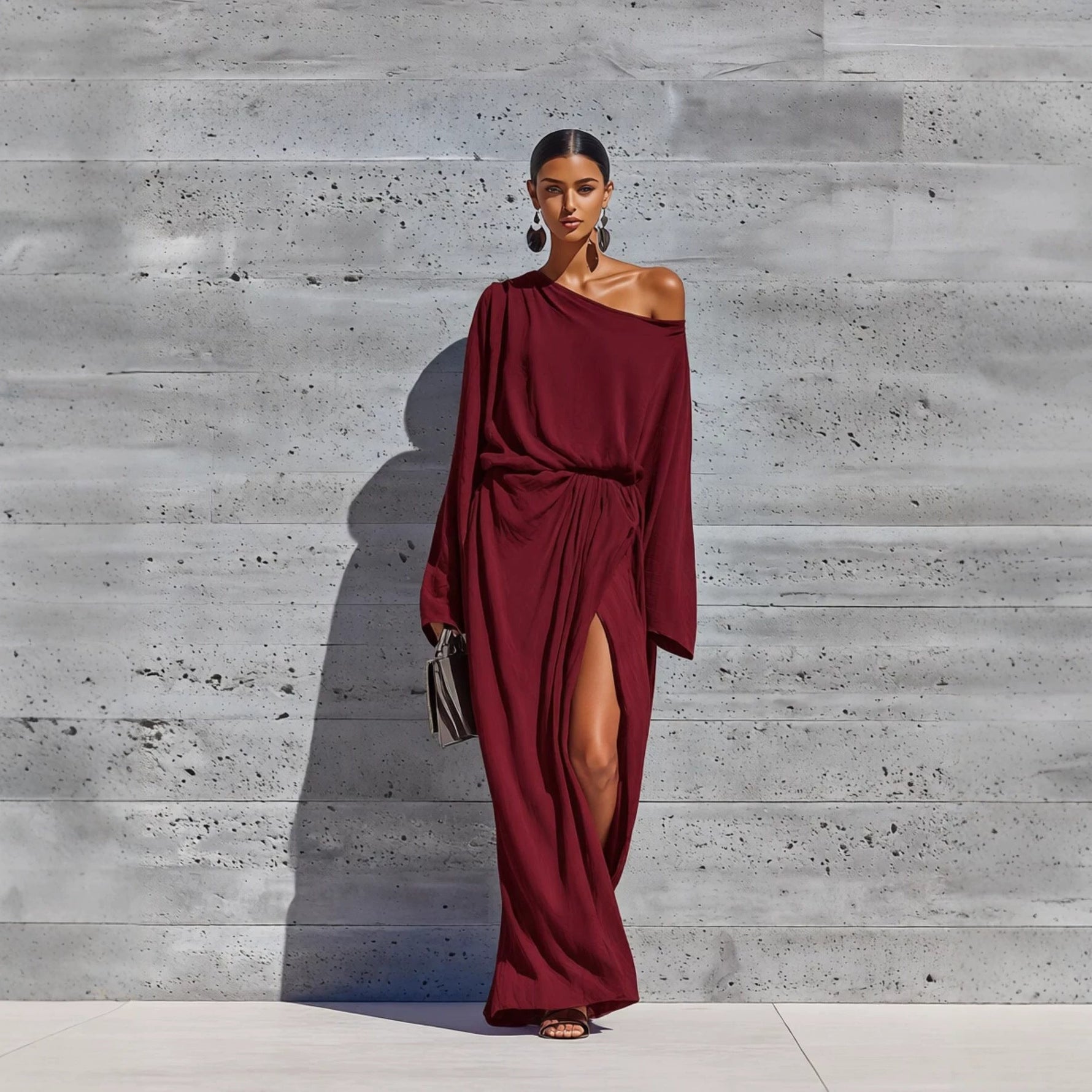 Vibrant Purple Off Shoulder Batwing Wrap Slit Maxi Dress