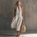 Relaxed Halter Neck Linen Midi Dress with Pockets