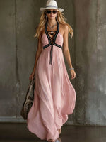 Light Blue Crisscross Halter Flowy Chiffon Maxi Dress