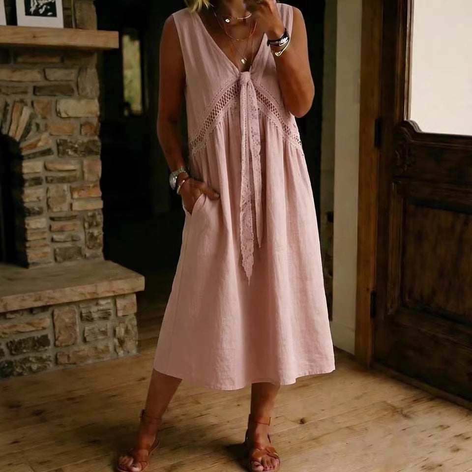 New Women'S Clothing Solid Color Lace Decoration Sleeveless Dress