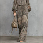 Vintage Paisley Print Long Sleeve Blouse & High Waist Wide Leg Pants 2 Piece Boho Co-Ord Set