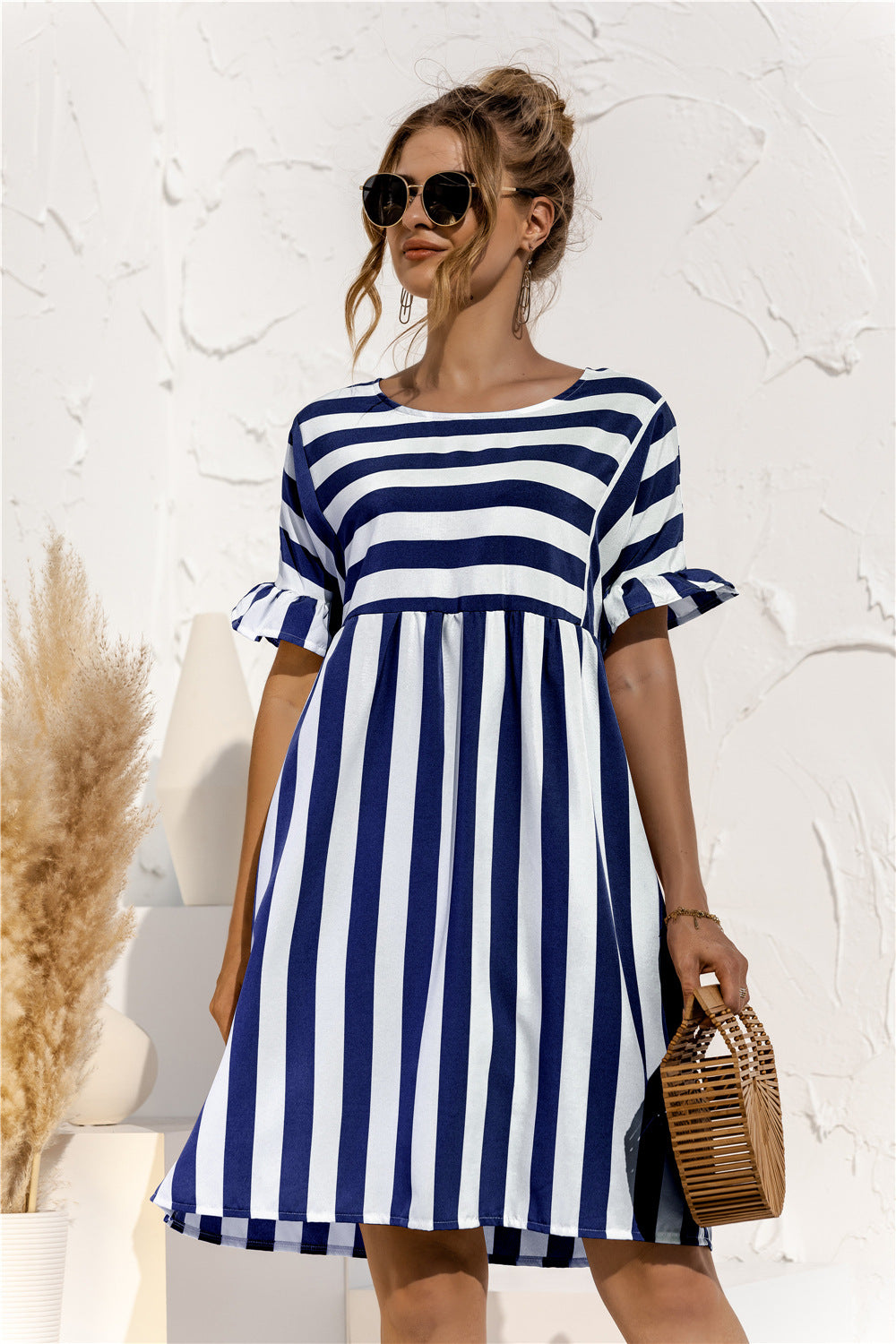 2026 Spring And Summer Cross-Border Women'S Clothing Ebay Amazon Independent Station New Ruffled Short-Sleeved Striped Loose Dress