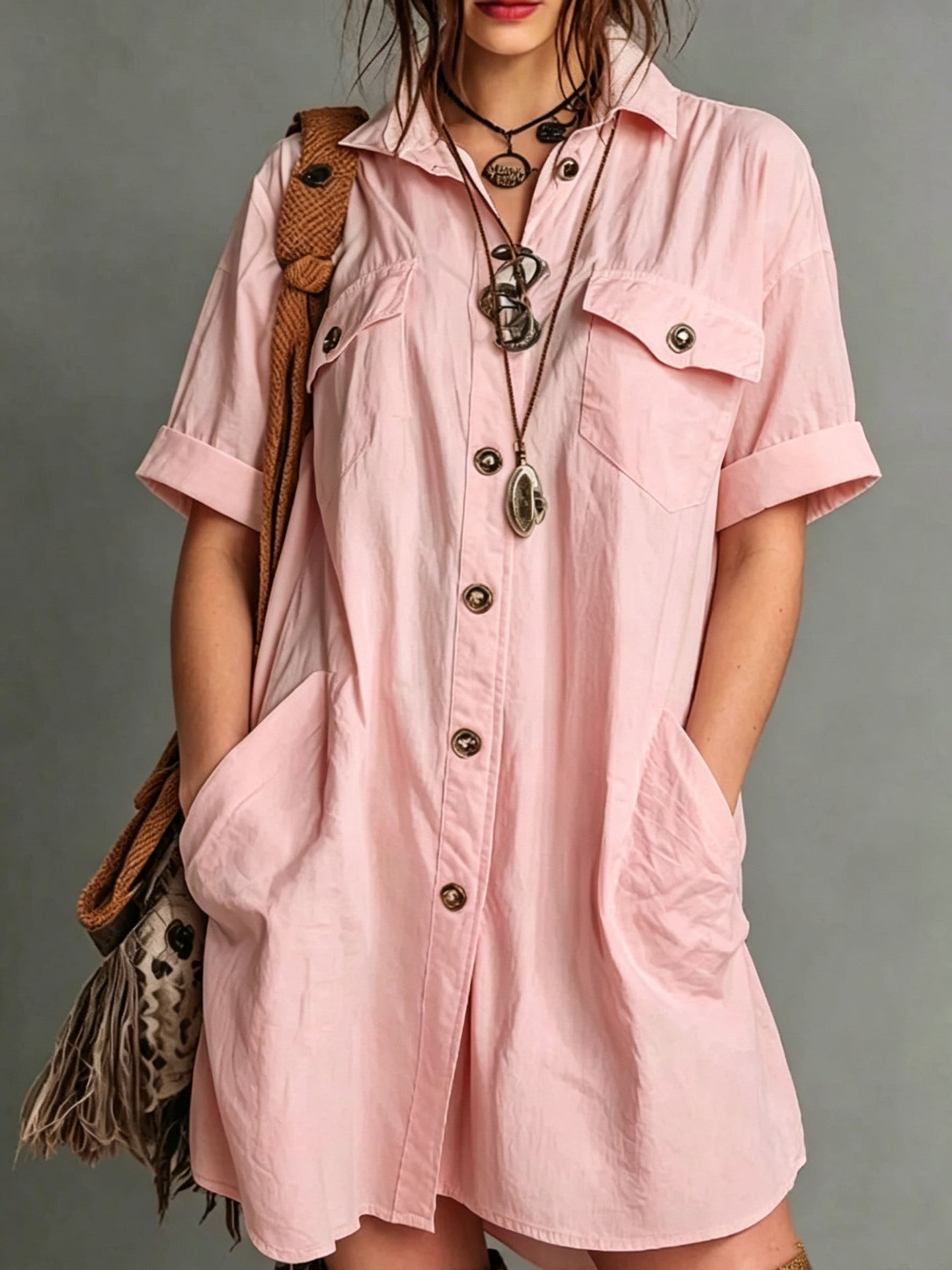 Oversized Short Sleeve Button Down Shirt Mini Dress with Pockets