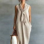 Natural Beige Linen Sleeveless Front Tie Knot Midi Shift Dress