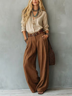 Navy Blue Loose Linen Shirt & Beige Pleated Wide Leg Linen Pants 2 Piece Boho Co-Ord Set