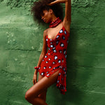 Red Abstract Spot Print Cowl Neck Spaghetti Strap High Slit Asymmetrical Mini Slip Dress