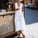 Sleeveless V-Neck Button-Front Midi Dress
