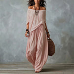 Summer New Women'S High-End Casual Wide-Leg Pants Paired With Exquisite One-Line Collar Off-Shoulder Tops