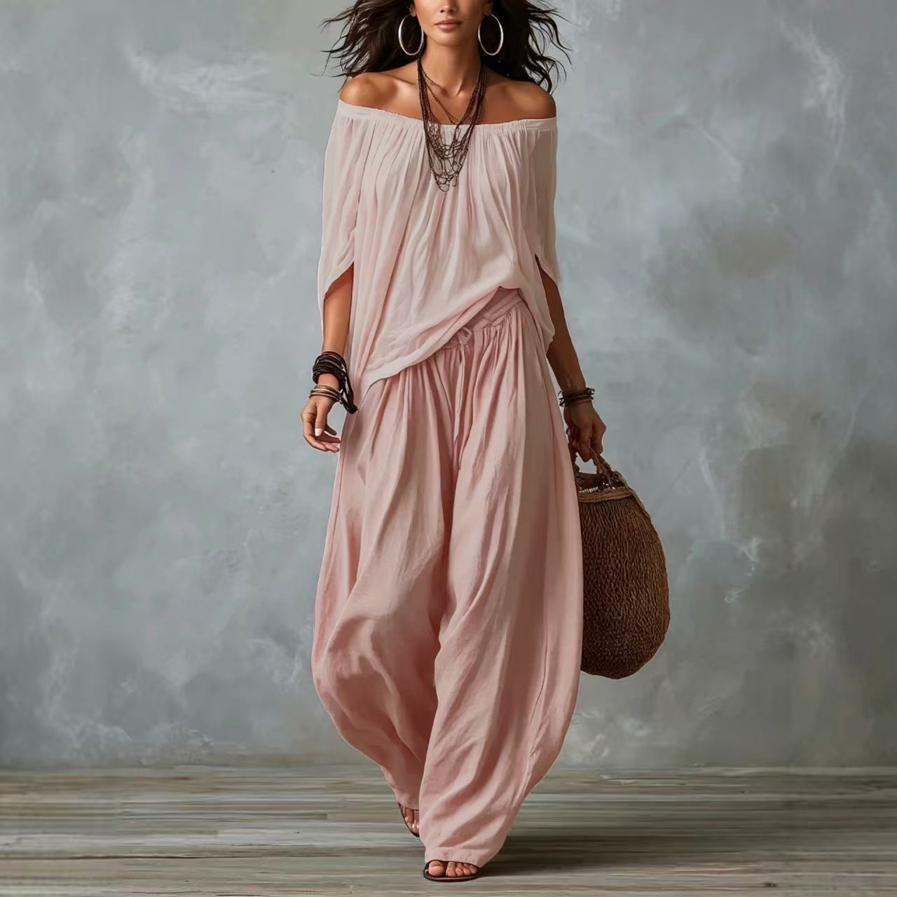 Summer New Women'S High-End Casual Wide-Leg Pants Paired With Exquisite One-Line Collar Off-Shoulder Tops