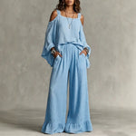 Women Solid Textured Cold Shoulder Batwing Top Elastic Waist Ruffle Wide Leg Pants Matching Set
