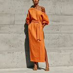 Linen One Shoulder Puff Sleeve Tie Waist Side Slit Midi Dress